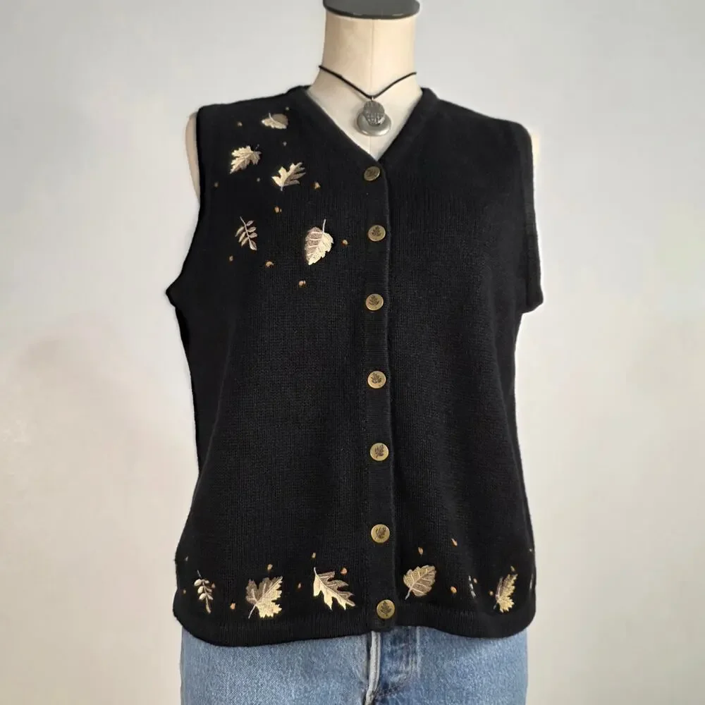 Vintage Sweater Vest Hand Embroidered Leaf Nature Y2k Size Medium Cottagecore